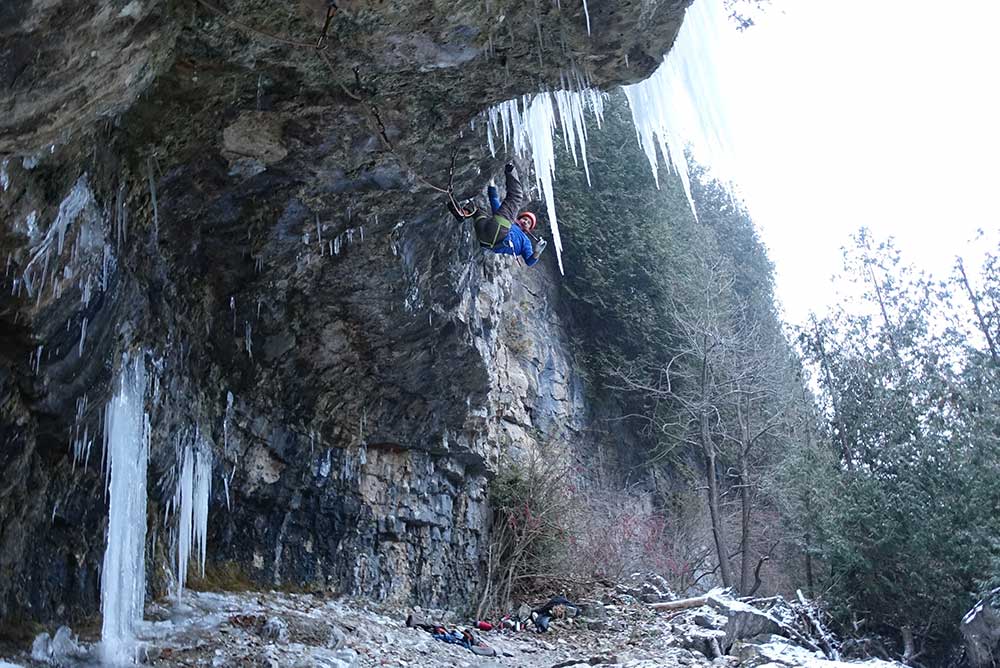  Nathan Kutcher at the end of the hard roof climbing. 